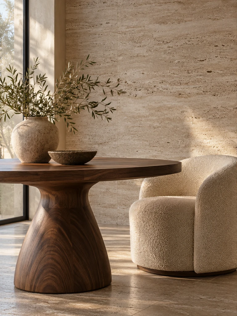Concept walnut pedestal table and cream lounge chair