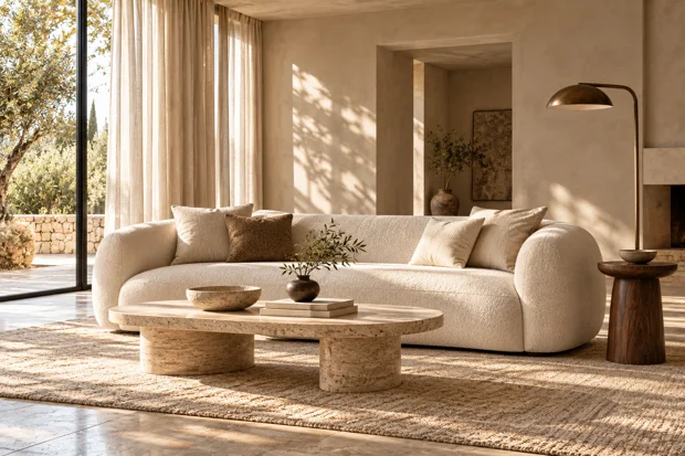 Curved cream sofa and travertine table inspiration