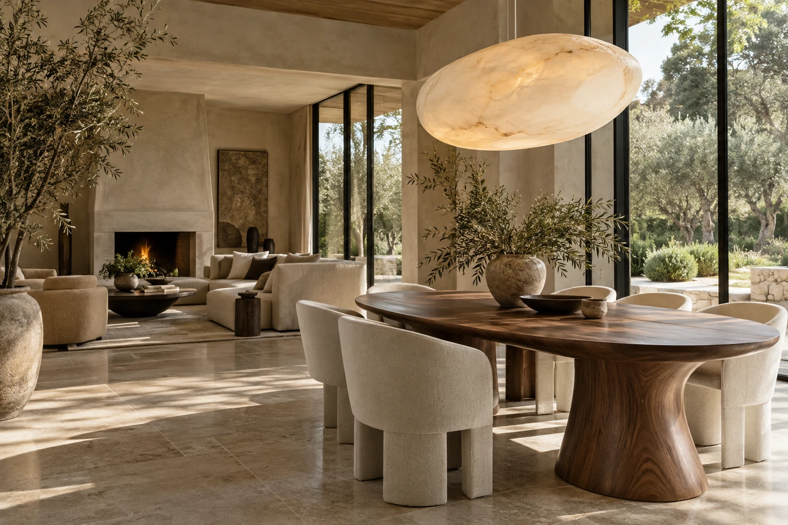 Concept room with a custom walnut table, upholstered chairs and sculptural alabaster pendant