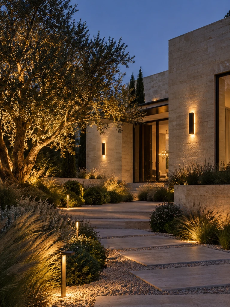 Concept garden with warm architectural lighting and softly illuminated planting